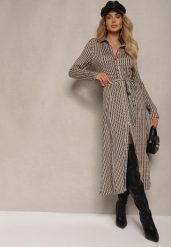 Czarno-Beżowa Sukienka Koszulowa z Wiskozą i Ozdobnym Paskiem Nialine. Czarne sukienki damskie Renee, bez wzorów, z tkaniny, eleganckie, bez ramiączek. W wyprzedaży za 143.99 zł.