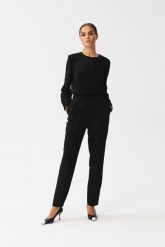 Czarny Elegancki Kombinezon z Łezką w Dekolcie. Czarne kombinezony damskie MOE, l, bez wzorów, z elastanu, eleganckie, bez kołnierzyka, bez ramiączek. Za 306.00 zł.