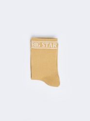Skarpety damskie w prążek z napisem BIG STAR beżowe Marcolia 801. Brązowe skarpetki damskie Big Star, z aplikacjami, z materiału. W wyprzedaży za 9.99 zł.