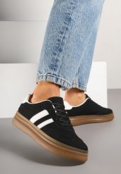 Czarne Sneakersy Tenisówki Ozdobione Paskami i Perforacją Jenadira. Czarne obuwie sportowe damskie Renee, z jeansu, bez zapięcia, tenisowe. Za 74.99 zł.
