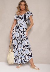 Niebieska Rozkloszowana Sukienka z Wiskozy w Geometryczny Wzór Anisoria. Niebieskie sukienki damskie Renee, bez wzorów, z wiskozy, eleganckie, bez ramiączek. W wyprzedaży za 63.99 zł.