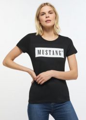MUSTANG ALINA C LOGO TEE DAMSKI T-SHIRT KOSZULKA LOGO BLACK 1013220 4142. Czarne bluzki damskie Mustang, m, bez wzorów, z bawełny, bez kołnierzyka, bez ramiączek. Za 69.99 zł.