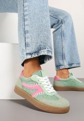 Jasnozielone Sneakersy w Stylu Klasycznych Tenisówek Zdobione Przeszyciami i Tweedem Koriznne. Zielone obuwie sportowe damskie Renee, z jeansu, bez zapięcia, tenisowe. Za 89.99 zł.