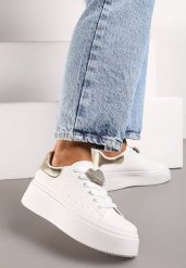 Biało-Złote Sznurowane Sneakersy na Grubej Podeszwie z Metalową Ozdobą i Cyrkoniami Cavendra. Białe obuwie sportowe damskie Born2be, z materiału, bez zapięcia. Za 99.99 zł.
