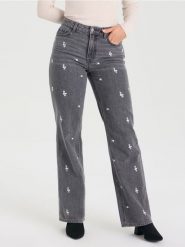 Jeansy wide leg high waist z kwiatowym haftem - szary. Szare jeansy damskie Sinsay, z podwyższonym stanem. Za 79.99 zł.