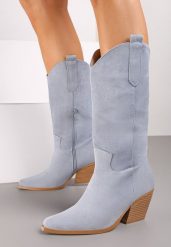 Niebieskie Kozaki na Stożku w Stylu Kowbojek Naures. Niebieskie kozaki damskie Renee, bez obcasa, na obcasie, bez zapięcia. Za 129.99 zł.