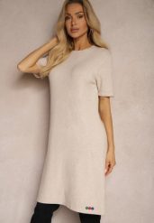 Beżowa T-shirtowa Sukienka z Wiskozowej Dzianiny z Ozdobnymi Guzikami Narossa. Brązowe sukienki damskie Renee, bez wzorów, z dzianiny, eleganckie, bez ramiączek. W wyprzedaży za 55.99 zł.