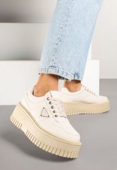 Beżowe Sneakersy na Platformie z Tłoczeniem Halinea. Brązowe obuwie sportowe damskie Renee, z jeansu, bez zapięcia. Za 89.99 zł.