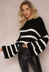 Czarny Sweter z Dzianiny w Paski z Obszernymi Rękawami Gotara. Czarne swetry klasyczne damskie Renee, z dzianiny, bez kołnierzyka. Za 79.99 zł.