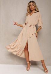 Beżowa Casualowa Sukienka Koszulowa na Guziki z Kieszeniami Jezebel. Brązowe sukienki damskie Renee, bez wzorów, eleganckie, bez ramiączek. W wyprzedaży za 107.99 zł.