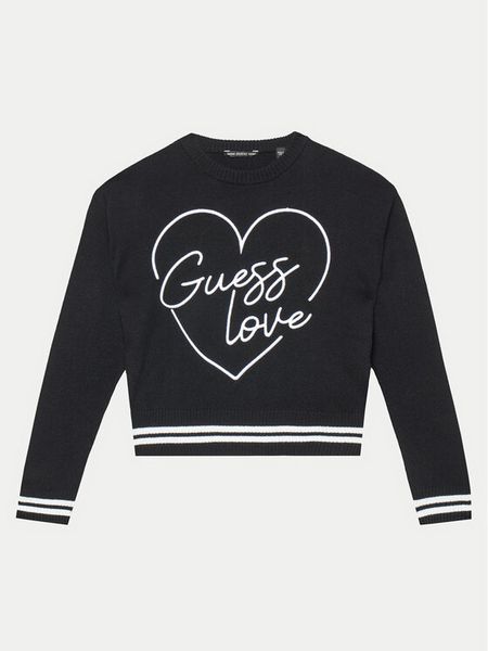 Guess Sweter J4YR05 Z3FV0 Czarny Relaxed Fit. Czarne swetry dziewczęce Guess, z aplikacjami, z syntetyku, bez kołnierzyka, bez ramiączek. Za 149.99 zł.