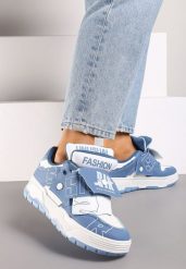 Niebieskie Sneakersy na Płaskiej Podeszwie Ozdobione Napisami Griefra. Niebieskie obuwie sportowe damskie Renee, z materiału, bez zapięcia. Za 89.99 zł.