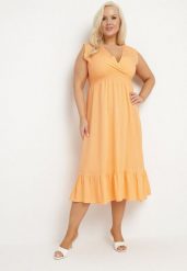 Pomarańczowa Wiskozowa Sukienka o Kopertowym Kroju z Falbanką Uliria. Brązowe sukienki damskie Born2be, bez wzorów, z wiskozy, eleganckie, bez ramiączek. Za 89.99 zł.