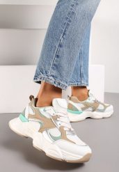 Biało-Beżowe Sneakersy ze Wstawkami Metalicznymi i Siateczką na Grubej Podeszwie Riliera. Białe obuwie sportowe damskie Renee, bez zapięcia. Za 89.99 zł.