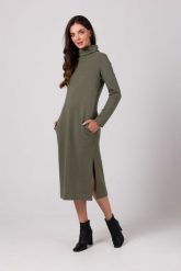 Prosta Dzianinowa Sukienka z Półgolfem - Khaki. Brązowe sukienki damskie MOE, bez wzorów, z bawełny, bez ramiączek. Za 284.90 zł.
