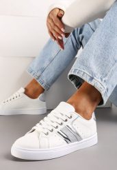 Biało-Srebrne Casualowe Sneakersy z Brokatem i Metalicznym Zdobieniem Tidalis. Białe obuwie sportowe damskie Renee, z materiału, bez zapięcia. Za 69.99 zł.