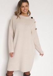 Beżowa Sweterkowa Sukienka Pudełkowa Ozdobiona z Boku Guzikami Tustina. Brązowe sukienki damskie Born2be, bez wzorów, z dzianiny, eleganckie, bez ramiączek. Za 109.99 zł.