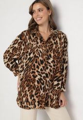 Brązowo-Czarna Koszula o Kroju Oversize w Panterkę Sihanis. Brązowe koszule damskie Born2be, bez wzorów, z jeansu, eleganckie, bez kołnierzyka, bez ramiączek. Za 54.99 zł.