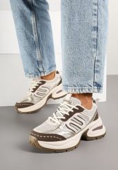 Beżowo-Brązowe Sneakersy na Grubej Tłoczonej Podeszwie z Geometrycznym Wzorem Deliorith. Brązowe obuwie sportowe damskie Born2be, bez zapięcia. Za 109.99 zł.