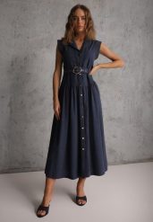 Granatowa Bawełniano-Wiskozowa Sukienka Koszulowa Bez Rękawów z Paskiem Athithoe. Niebieskie sukienki damskie Renee, bez wzorów, z bawełny, bez ramiączek. Za 169.99 zł.