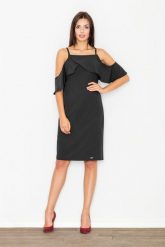 Elegancka Czarna Sukienka Mini z Falbanką przy Dekolcie. Czarne sukienki damskie Figl, bez wzorów, z materiału, eleganckie, bez ramiączek. Za 269.00 zł.