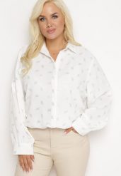 Biała Koszula w Drobny Błyszczący Print Zapinana na Guziki Weminera. Białe koszule damskie Born2be, l, bez wzorów, bez kołnierzyka, bez ramiączek. Za 39.99 zł.