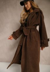 Brązowy Płaszcz w Eleganckim Stylu z Kieszeniami i Wiązanym Paskiem Zoledi. Brązowe płaszcze damskie Renee, na jesień, s, bez wzorów, z jeansu, bez kaptura. Za 249.99 zł.