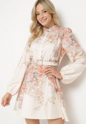 Beżowa Kwiatowa Rozkloszowana Sukienka Ozdobiona Paskiem Nolavia. Brązowe sukienki damskie Born2be, bez wzorów, eleganckie, bez ramiączek. W wyprzedaży za 169.99 zł.