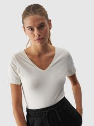 4F T-shirt slim gładki damski - biały XL. Białe t-shirty damskie 4F, xl, bez wzorów, z bawełny, bez kołnierzyka. Za 29.99 zł.