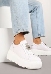 Białe Sneakersy na Platformie ze Skóry Naturalnej z Metaliczną Aplikacją Falandria. Białe obuwie sportowe damskie Renee, ze skóry, bez zapięcia. Za 229.99 zł.