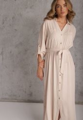 Jasnobeżowa Koszulowa Sukienka Utility z Bawełny z Wiązanym Paskiem w Talii Retona. Brązowe sukienki damskie Renee, bez wzorów, z bawełny, boho, bez ramiączek. Za 159.99 zł.