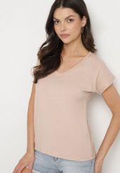 Beżowy Bawełniany T-shirt z Trójkątnym Dekoltem Linarosea. Brązowe t-shirty damskie Born2be, uniwersalny, bez wzorów, z bawełny, bez kołnierzyka. Za 39.99 zł.