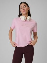 4F T-shirt boxy z nadrukiem damski - różowy L. Czerwone t-shirty damskie 4F, l, bez wzorów, z jeansu, bez kołnierzyka. Za 59.99 zł.