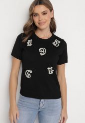 Czarny T-shirt Ozdobiony Naszywkami Perełkami i Cyrkoniami Karavia. Czarne t-shirty damskie Born2be, uniwersalny, z aplikacjami, z jeansu, bez kołnierzyka. Za 109.99 zł.