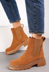 Brązowe Botki Sztyblety z Lamówką z Cyrkonii Mefile. Brązowe botki damskie Renee, z jeansu, eleganckie, bez obcasa, na obcasie, bez zapięcia. Za 169.99 zł.
