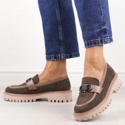 Khaki loafersy damskie, zamszowe mokasyny Potocki 21342. Brązowe mokasyny damskie POTOCKI, na jesień, z zamszu, bez obcasa. Za 169.00 zł.