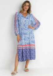 Niebieska Sukienka Panithoe. Niebieskie sukienki damskie Born2be, z aplikacjami, klasyczne, bez ramiączek. Za 179.99 zł.