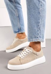 Beżow Sneakersy z Ozdobną Wstawką na Zapiętku Klemicca. Brązowe obuwie sportowe damskie Born2be, na lato, z jeansu, bez zapięcia. Za 159.99 zł.