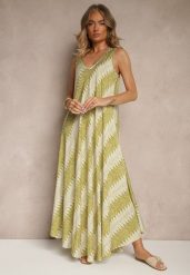 Zielona Rozkloszowana Sukienka z Geometrycznym Wzorem Lumire. Zielone sukienki damskie Renee, z aplikacjami, eleganckie, bez ramiączek. W wyprzedaży za 55.99 zł.