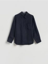 Koszula z lnem - granatowy. Niebieskie koszule damskie Reserved, l, bez wzorów, z tkaniny, bez kołnierzyka, bez ramiączek. Za 119.99 zł.