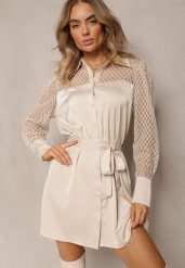 Jasnobeżowa Mini Sukienka o Koszulowym Fasonie z Materiałowym Paskiem i Siateczką Idanes. Brązowe sukienki damskie Renee, bez wzorów, z materiału, eleganckie, bez ramiączek. W wyprzedaży za 99.99 zł.