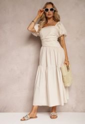Beżowa Sukienka z Marszczeniem i Wiskozą Ozdobiona Bufiastymi Rękawami i Falbanką Monvia. Brązowe sukienki damskie Renee, bez wzorów, z wiskozy, eleganckie, bez ramiączek. Za 139.99 zł.