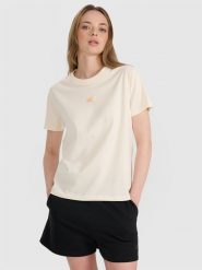 4F T-shirt oversize z nadrukiem damski - beżowy M. Brązowe t-shirty damskie 4F, l, bez wzorów, z bawełny, bez kołnierzyka. W wyprzedaży za 49.99 zł.