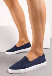 Granatowe Wsuwane Tenisówki Ozdobione Wstawką z Ekoskóry na Zapiętku Eliriaba. Niebieskie obuwie sportowe casual damskie Renee, ze skóry, bez zapięcia. Za 39.99 zł.