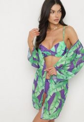 Fioletowe Bikini Biustonosz Majtki Typu Figi i Siateczkowa Narzutka w Liście Folarine. Fioletowe bikini Born2be, bez wzorów. Za 84.99 zł.