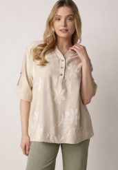 Beżowa Koszula z Wiskozy z Haftowanymi Kwiatami Sylimeine. Brązowe koszule damskie Born2be, l, bez wzorów, z materiału, biznesowe, bez kołnierzyka, bez ramiączek. Za 89.99 zł.