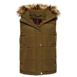 Damska kurtka puchowa bez rękawów ze sztucznego futra Superdry Everest. Zielone kurtki damskie Superdry, bez wzorów, z puchu, bez kaptura. W wyprzedaży za 499.75 zł.