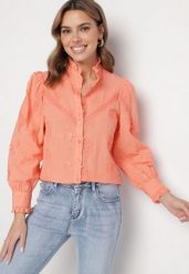 Pomarańczowa Bawełniana Koszula w Rustykalnym Stylu z Kwiatowym Haftem i Stójką Lanolira. Brązowe koszule damskie Born2be, l, bez wzorów, z bawełny, eleganckie, bez kołnierzyka, bez ramiączek. Za 139.99 zł.