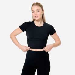 Koszulka do jogi i pilatesu Breathe. Czarne bluzki damskie DOMYOS, xl, bez wzorów, z elastanu, sportowe, bez kołnierzyka, bez ramiączek. Za 69.99 zł.