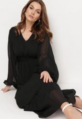 Czarna Sukienka Koktajlowa z Bufiastymi Rękawami Falbankami i Ozdobnymi Guzikami Binxa. Czarne sukienki damskie Born2be, bez wzorów, eleganckie, bez ramiączek. W wyprzedaży za 127.49 zł.